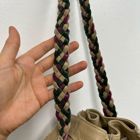 Valerie Steven’s Beige Leather Small Bucket Shoukder Bag Braided Leather Strap - Picture 7 of 16